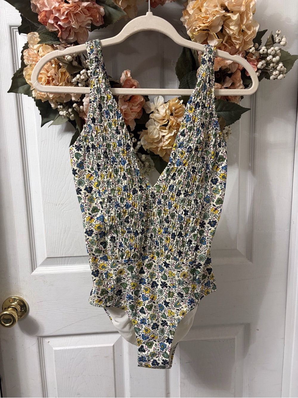 Tory Burch White Floral One-Piece Swimsuit with Blue and Yellow Print